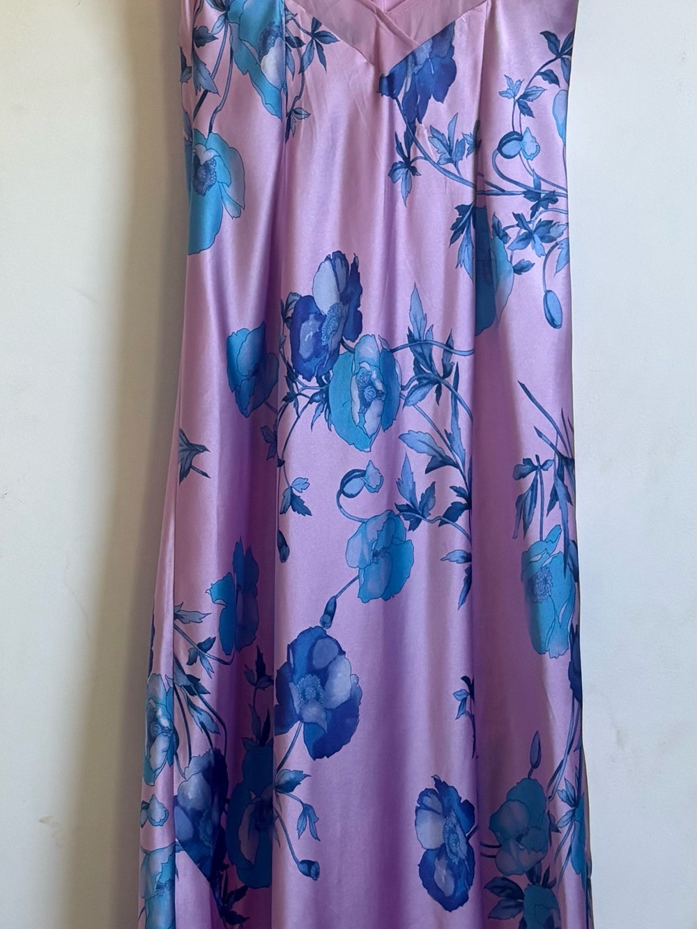 NEW August Silk Intimates Pink/Lilac with Blue Floral Print Full Length Size S